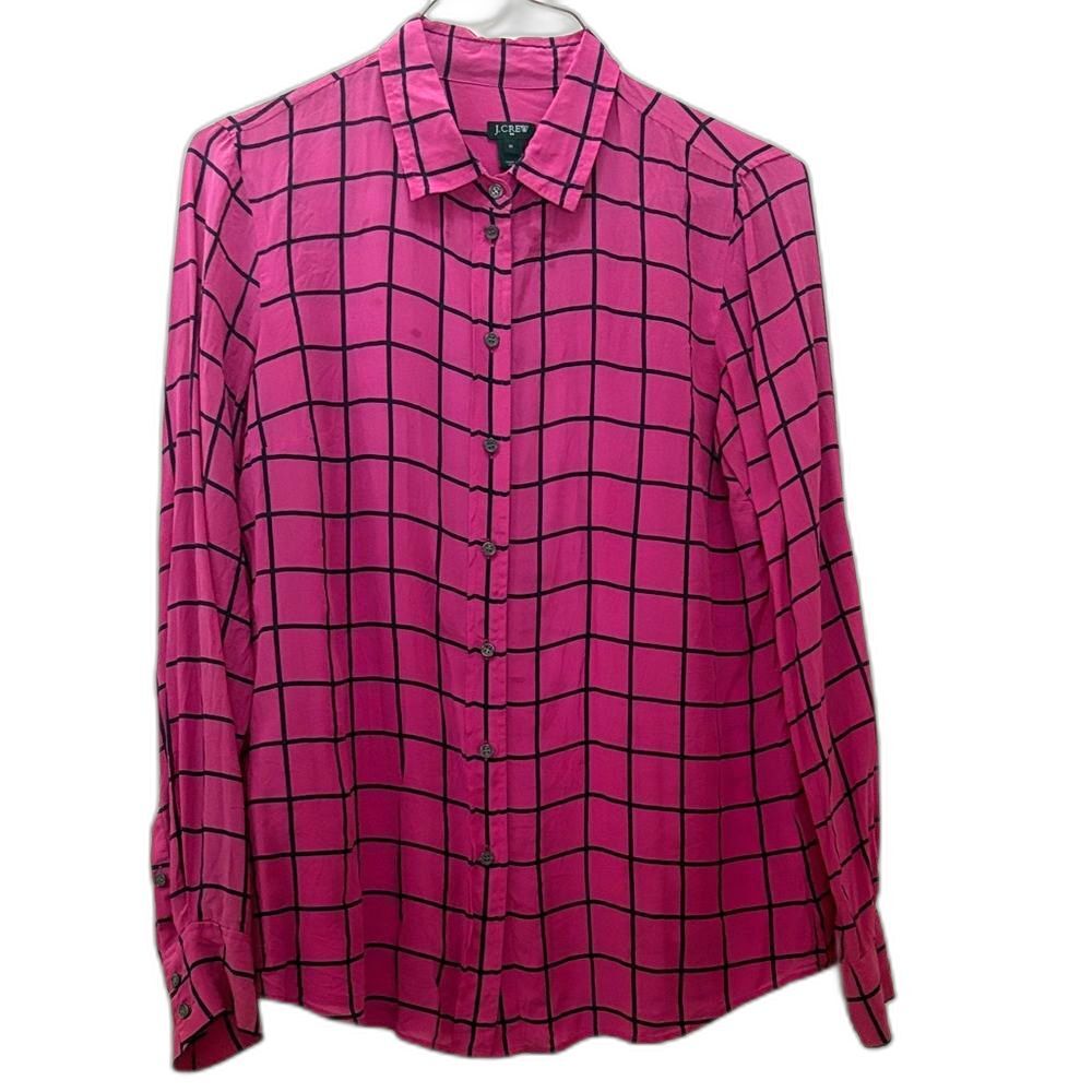 Ladies J. Crew 100% Silk Fuchsia & Black Grid Button Up Shirt Size M